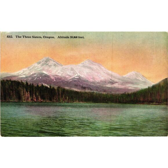 Three Sisters Oregon Vintage Postcard Cascade Mountains Snow Peaks and Lake - Picture 1 of 2